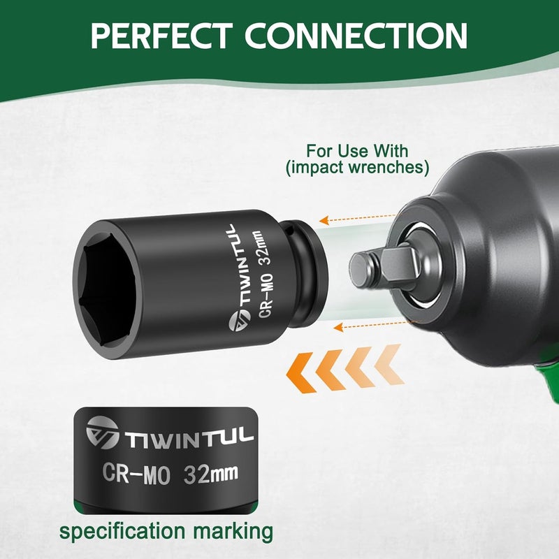 TIWINTUL 32mm Impact Socket 1/2 Inch Drive, Deep CR-MO Steel Impact Socket, 3.07" Length, 6 Point Design, Metric Size, Axle Nut Socket for Easy Removal of Axle Shaft Nuts - Image 5